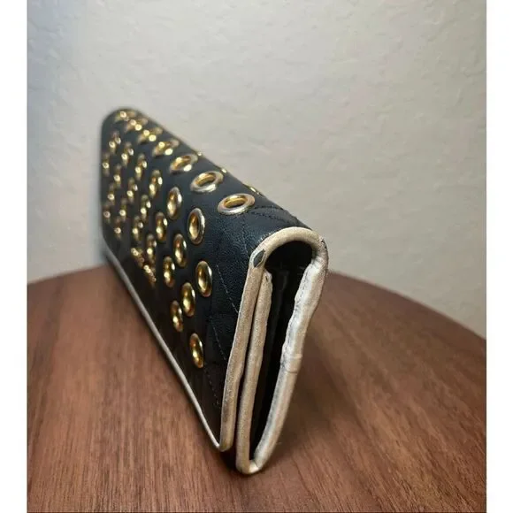 Miu Miu Leather Long Wallet Deep Navy Gold Grommet Studded Edgy Biker Alt Grunge - Picture 5 of 8